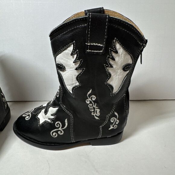 Toddler Cowboy Cowgirl Boots Genuine Leather Black & White Embroidered Sz 7 Zip - Picture 2 of 10
